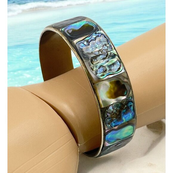 Vintage Mexico Abalone Shell Bangle Bracelet Silver Tone Iridescent Inlay - Picture 8 of 8